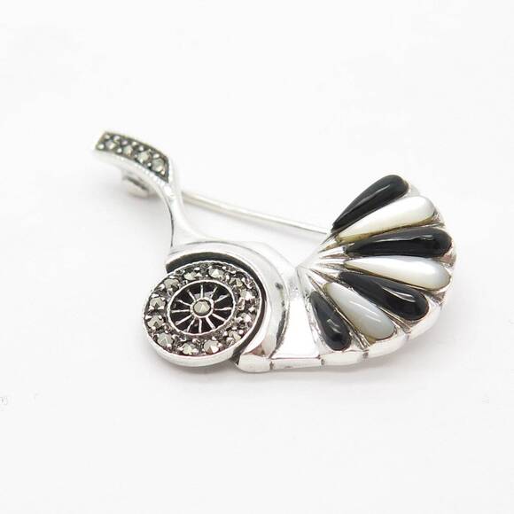 925 Sterling Silver Vintage MOP Black Onyx Marcasite Gem Pram Pin Brooch - Picture 4 of 6